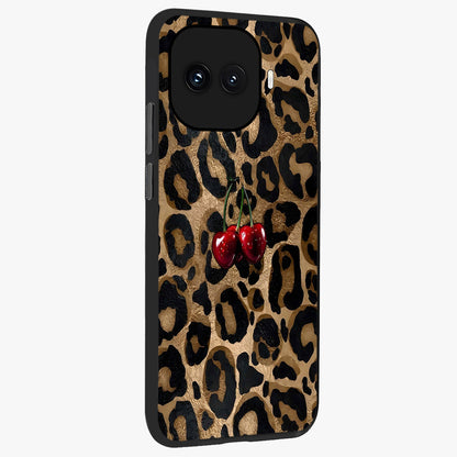 Leopard Wild Cherry Glass Case upright view showcasing stylish leopard pattern artwork with trendy fashion theme.