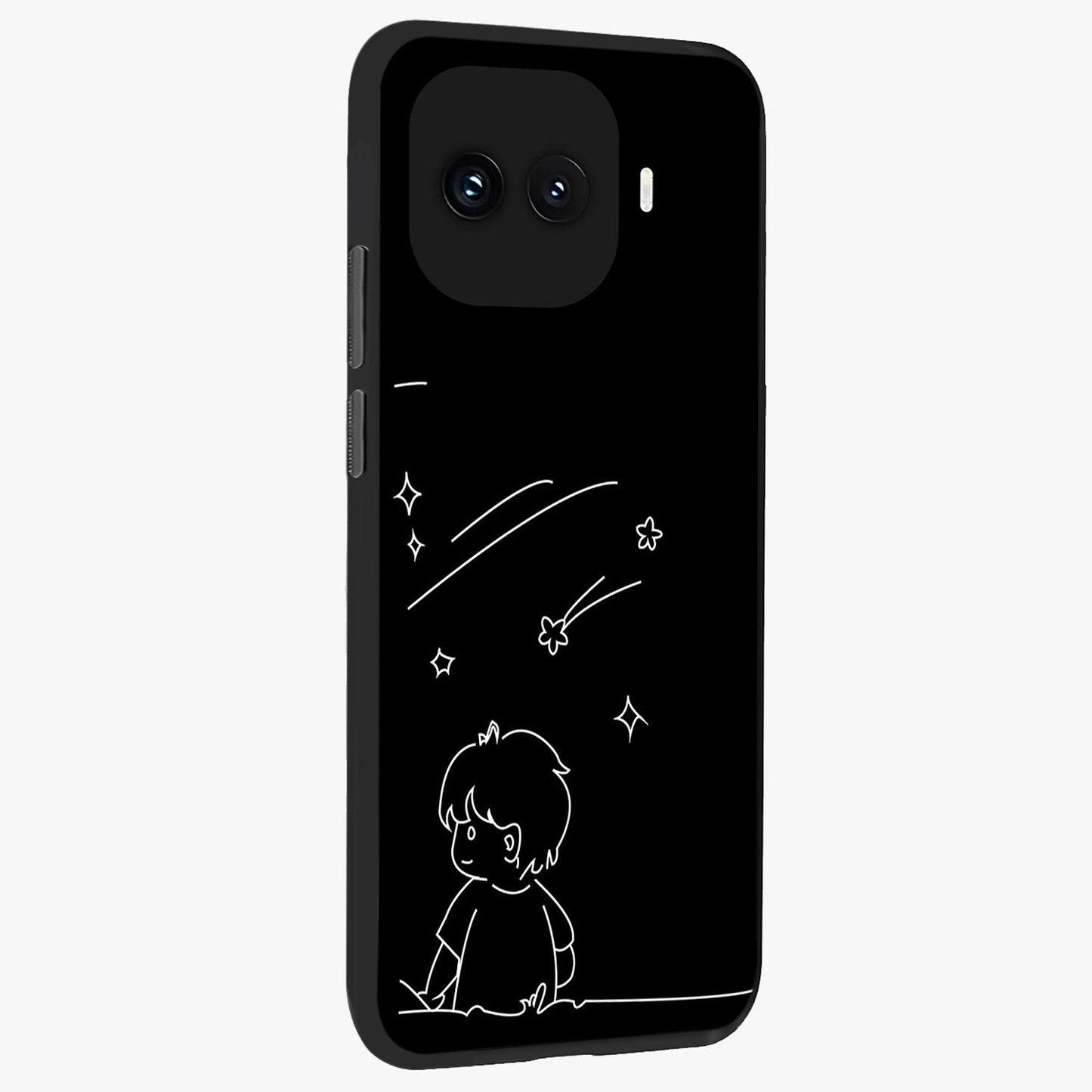 Line Art Boy With Shooting Stars Glass Case upright view showcasing artistic shooting star illustration with minimal style.