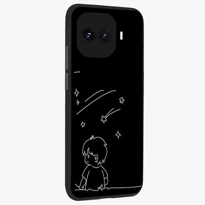 Line Art Boy With Shooting Stars Glass Case upright view showcasing artistic shooting star illustration with minimal style.