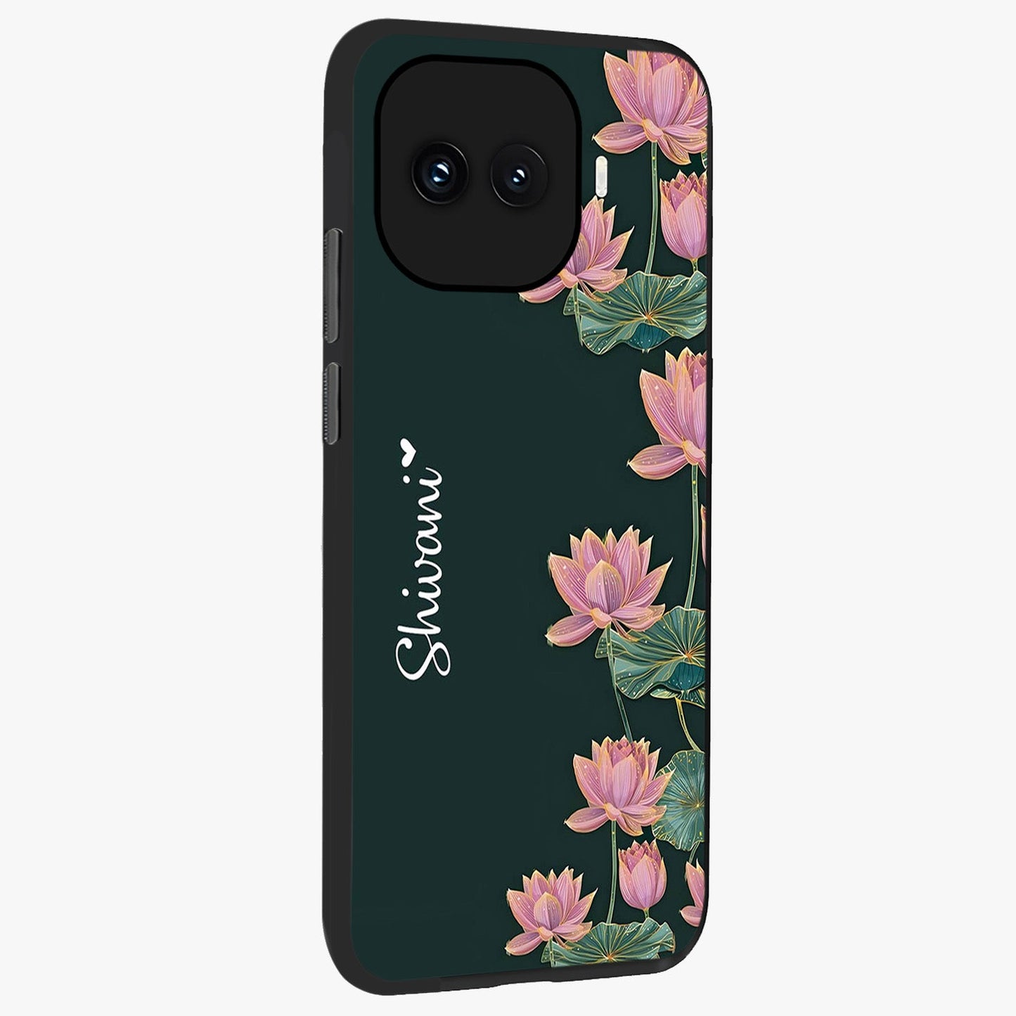 Lotus Bloom Serenity Custom Name Glass Case upright view showcasing serene lotus bloom artwork with personalized floral aesthetic.