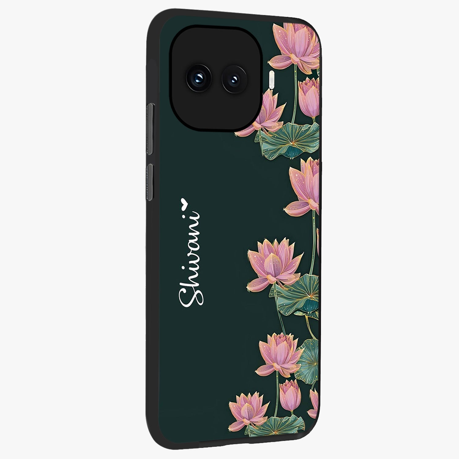 Lotus Bloom Serenity Custom Name Glass Case upright view showcasing serene lotus bloom artwork with personalized floral aesthetic.
