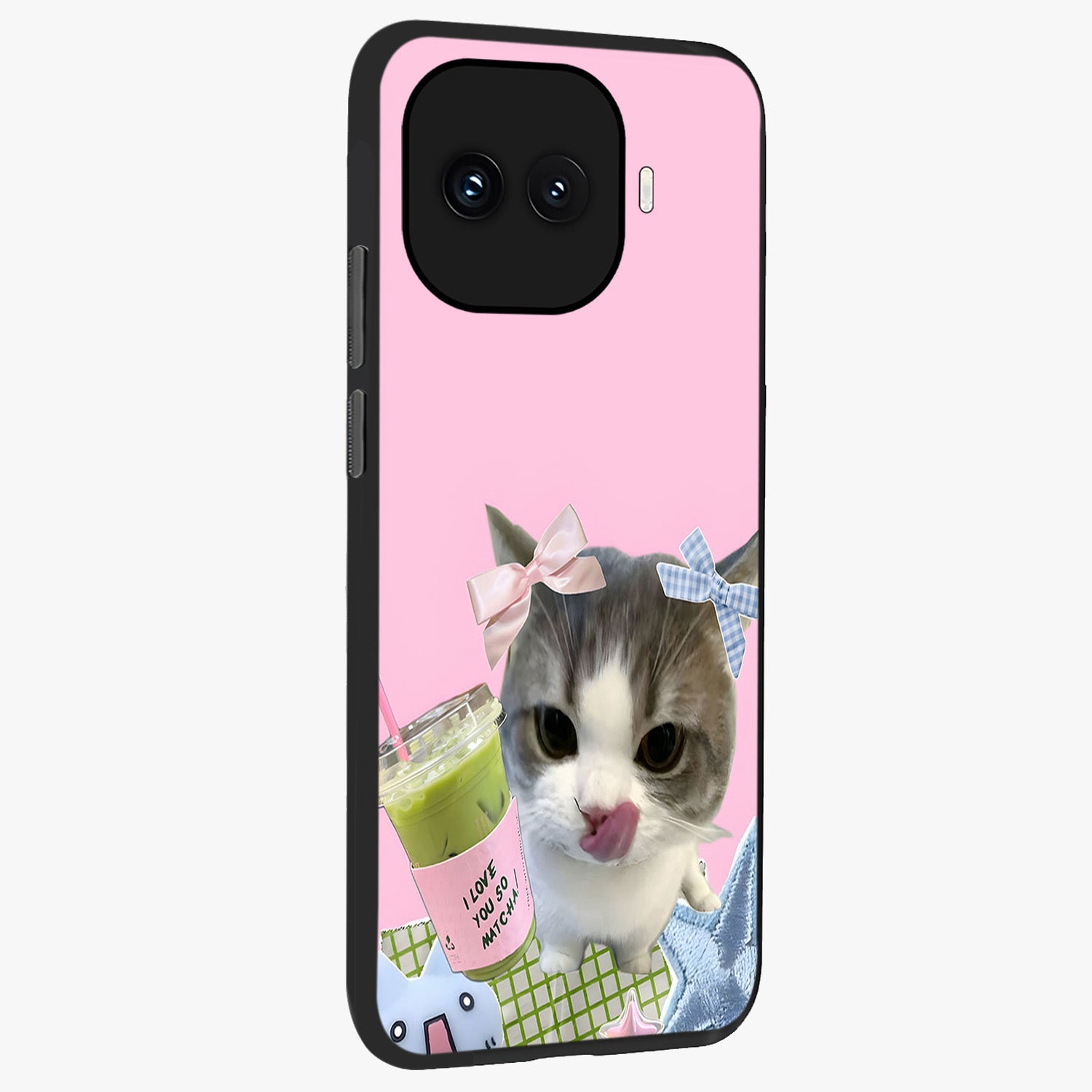 Love Matcha Cat Glass Case upright view showcasing adorable cat artwork with charming matcha themed design.