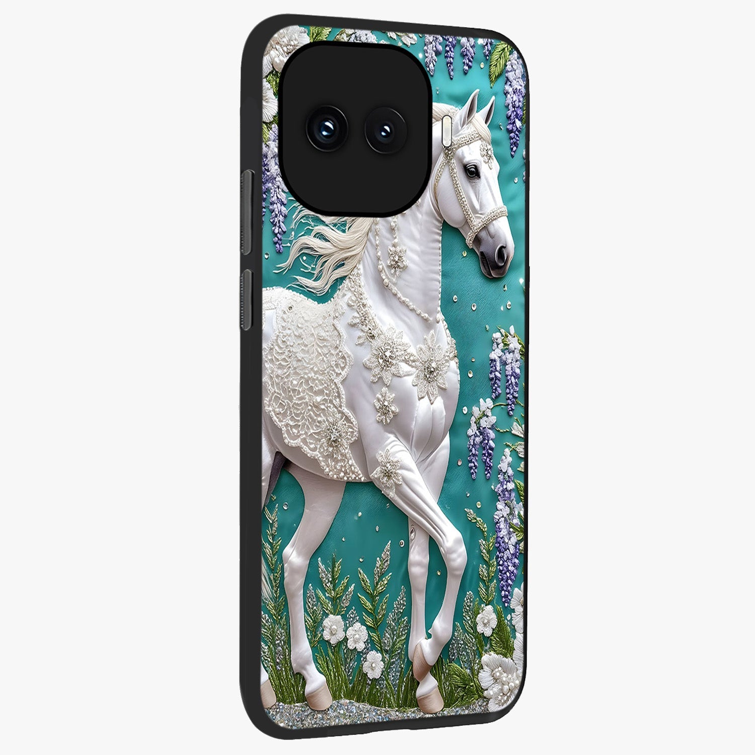 Majestic Floral Stallion Glass Case upright view showcasing dramatic horse artwork with decorative floral theme.