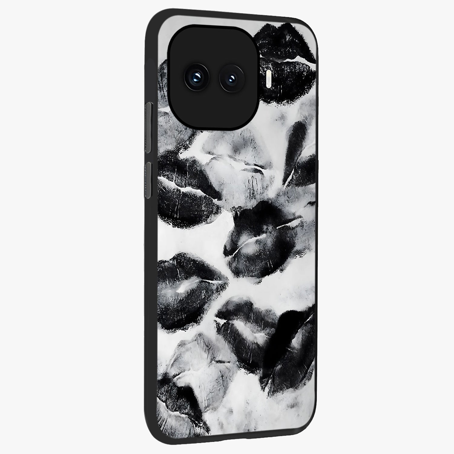 Midnight Kiss Marks Glass Case upright view showcasing stylish kiss mark artwork with trendy romantic theme.