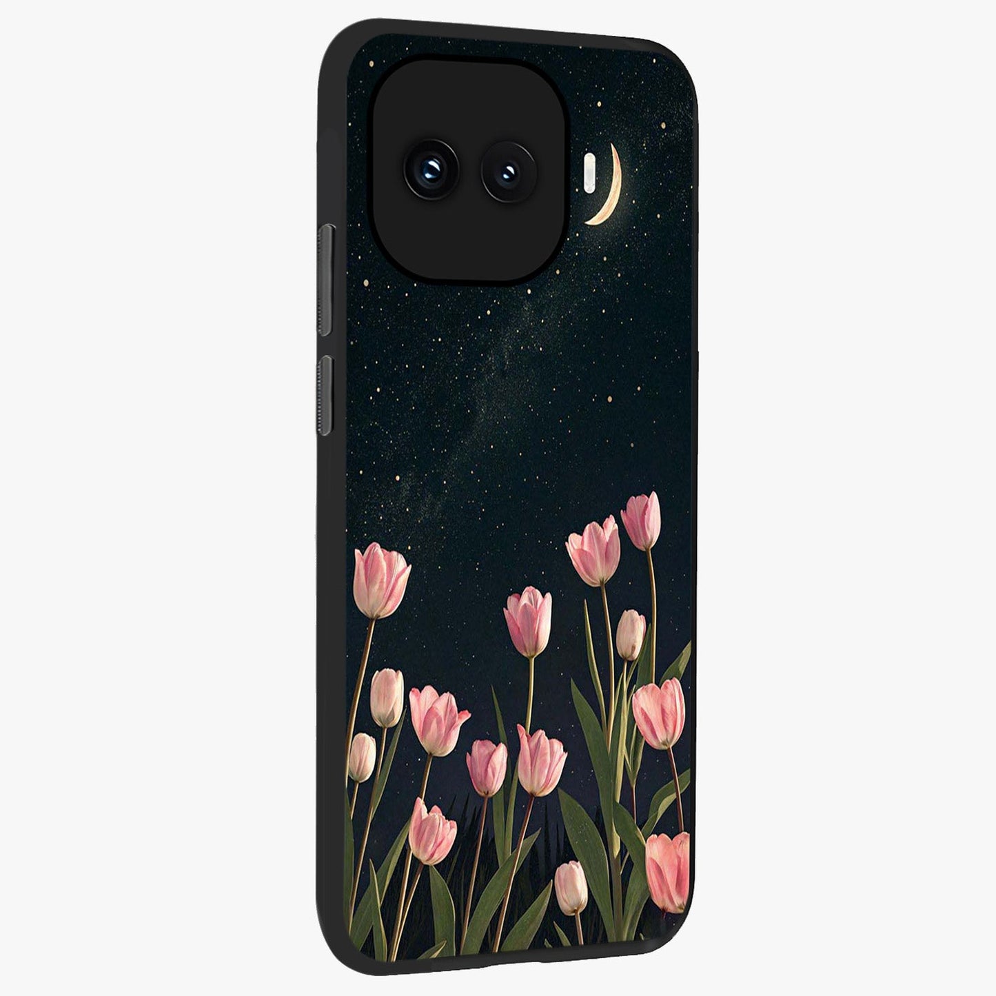 Midnight Tulip Whispers Vibe Glass Case upright view showcasing graceful tulip artwork with calm botanical theme.
