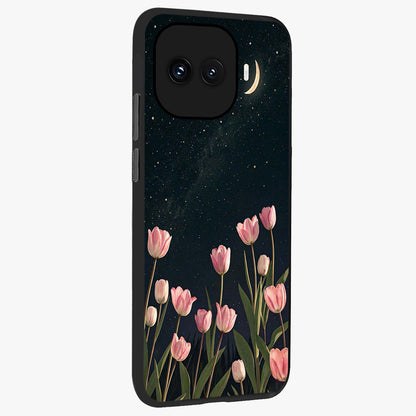 Midnight Tulip Whispers Vibe Glass Case upright view showcasing graceful tulip artwork with calm botanical theme.