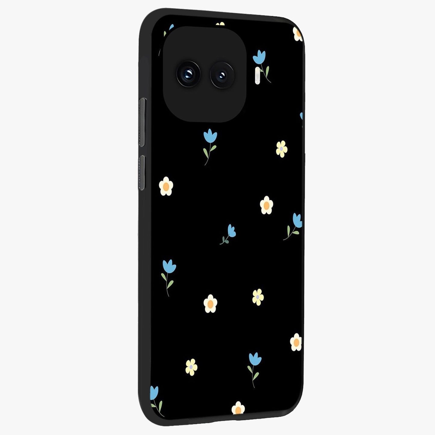 Minimal Petal Whispers Glass Case upright view showcasing elegant floral artwork with modern minimalist style.