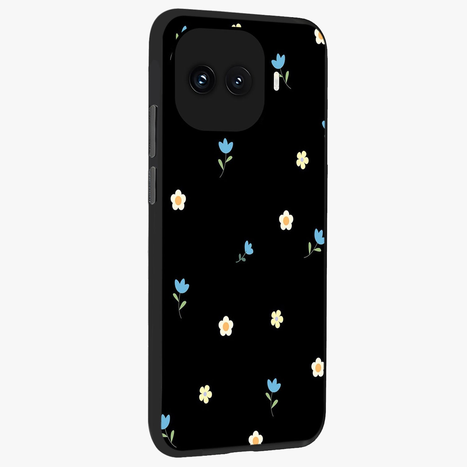 Minimal Petal Whispers Glass Case upright view showcasing elegant floral artwork with modern minimalist style.