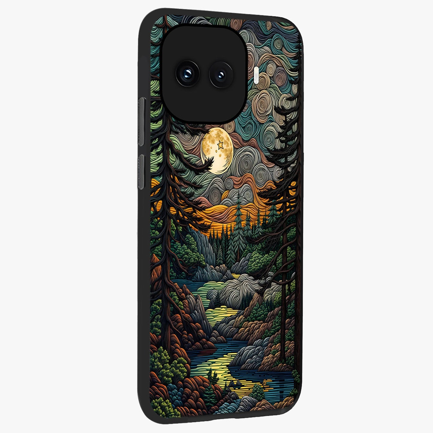 Moonlight Forest Dream Glass Case upright view showcasing magical forest artwork with calm night theme.