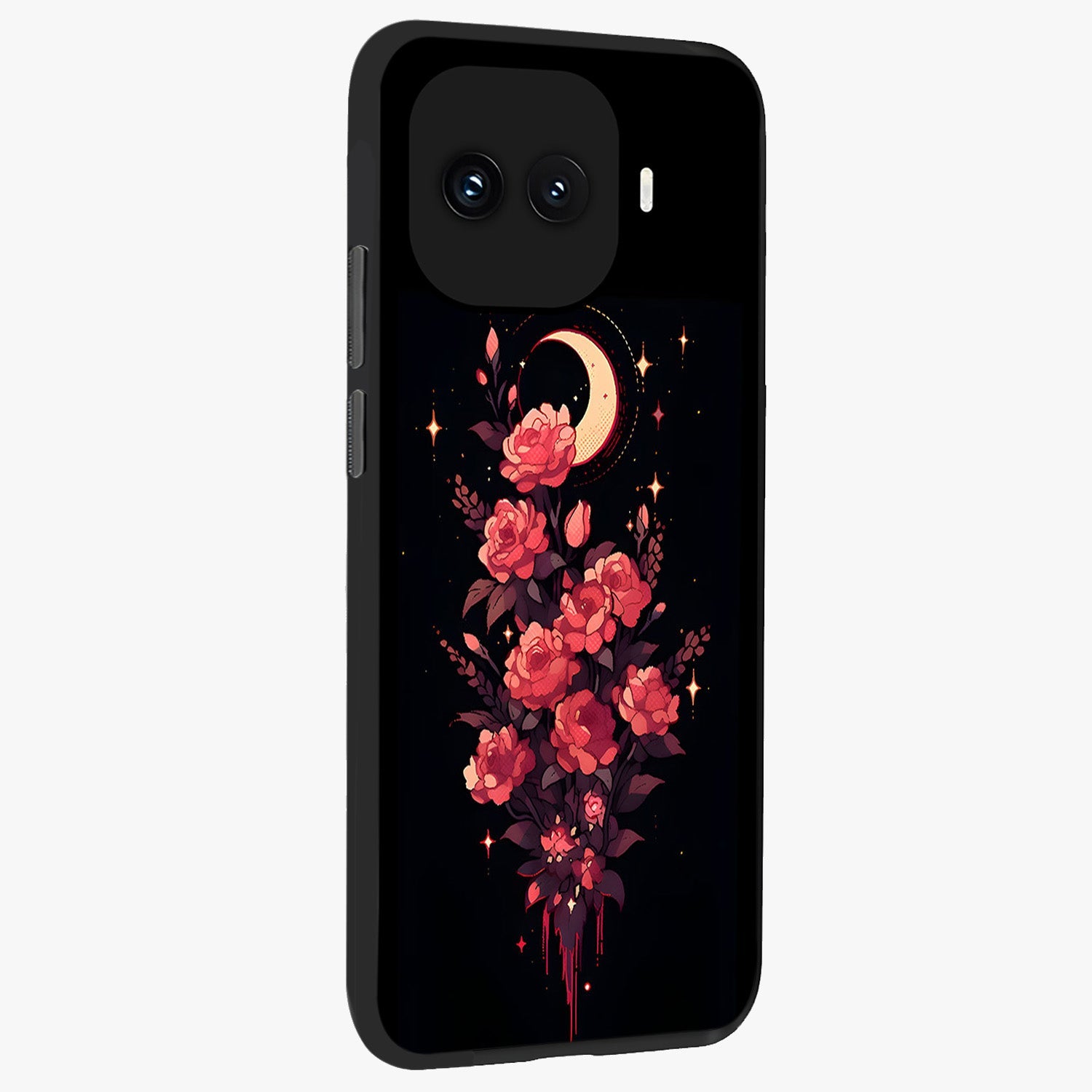 Moonlit Floral Elegance Glass Case upright view showcasing delicate floral artwork with refined night inspired theme.