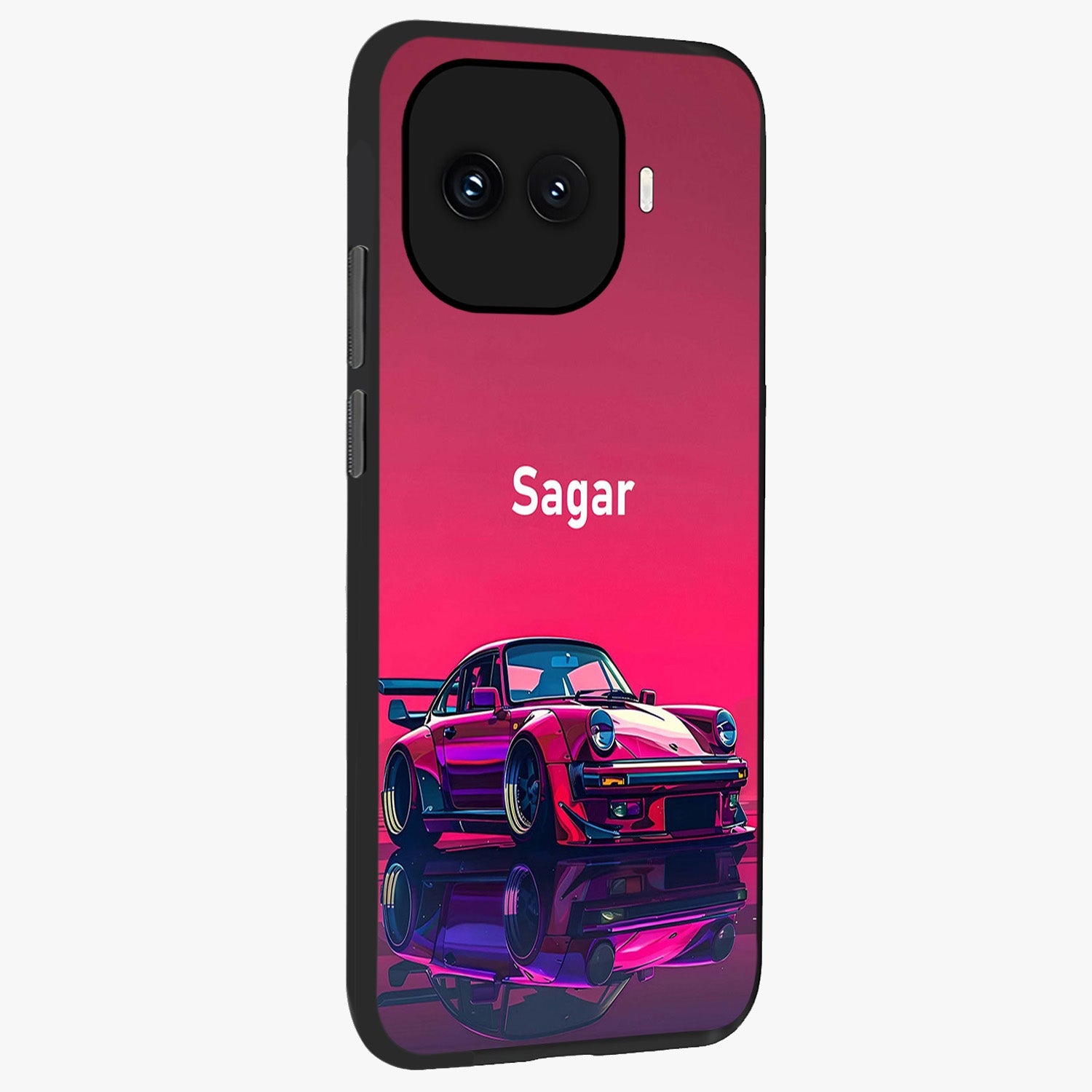 Neon Pink Porsche Glass Case upright view showcasing vibrant sports car artwork with bold automotive theme.