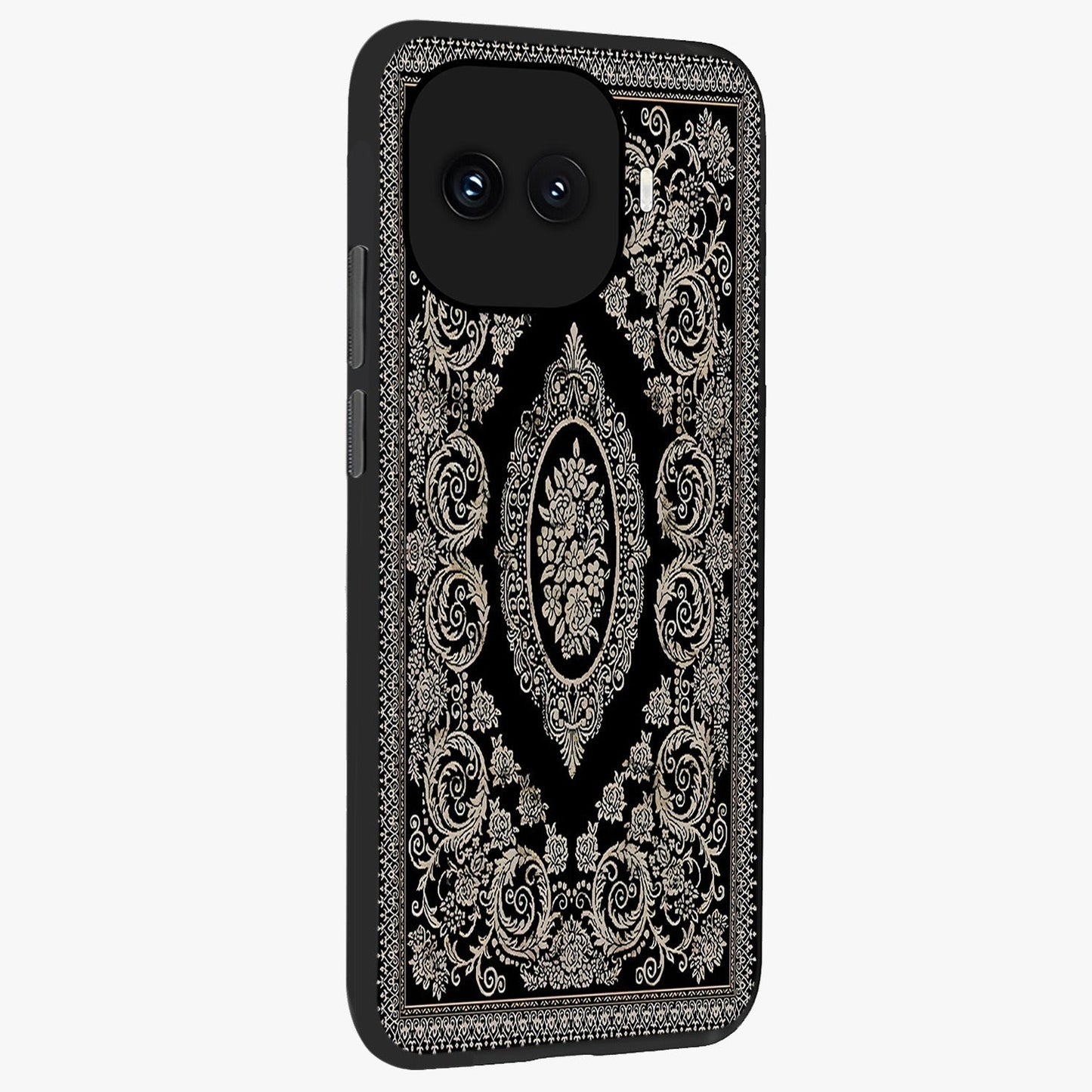 Noir Bloom Elegance Glass Case upright view showcasing graceful floral artwork with luxurious dark theme.