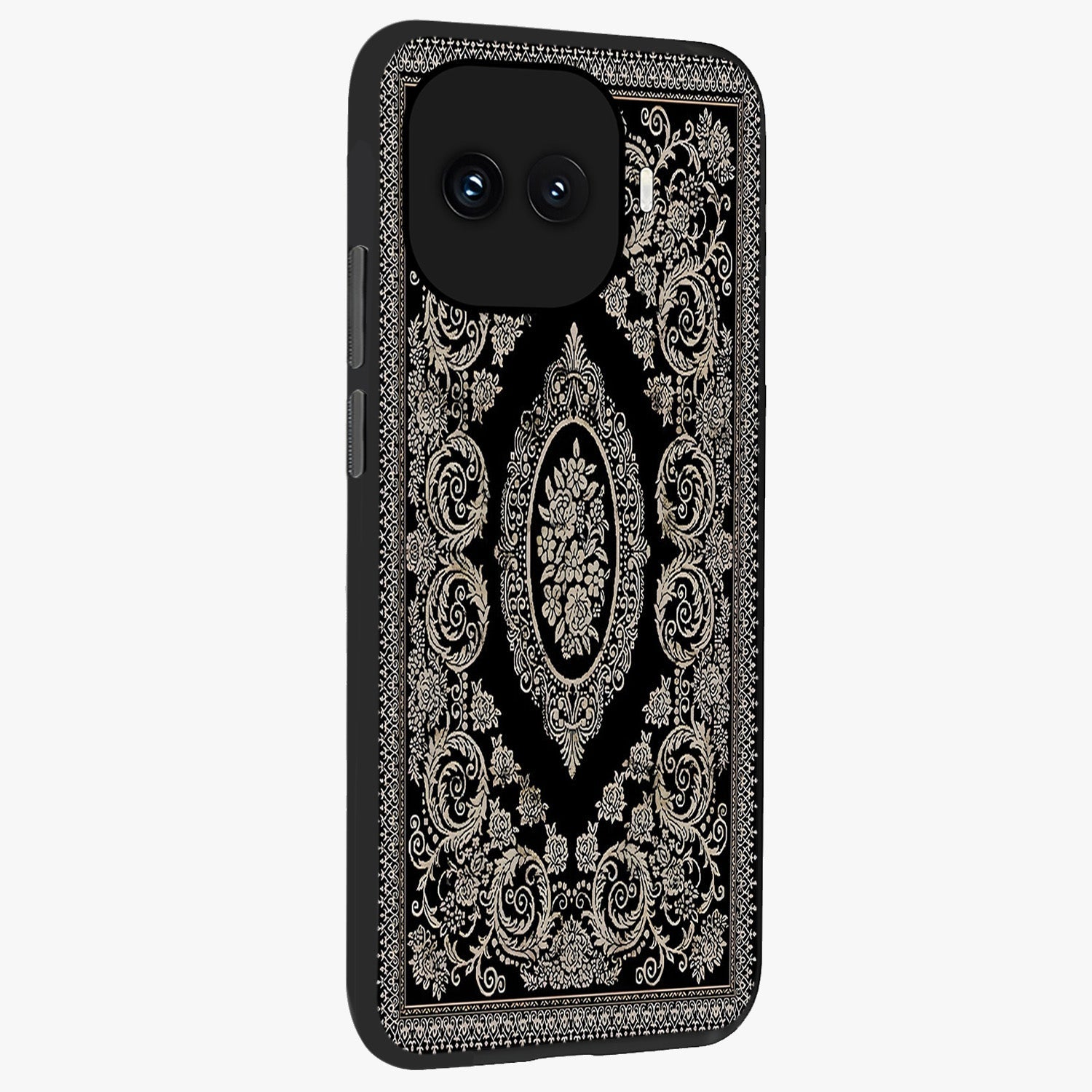 Noir Bloom Elegance Glass Case upright view showcasing graceful floral artwork with luxurious dark theme.