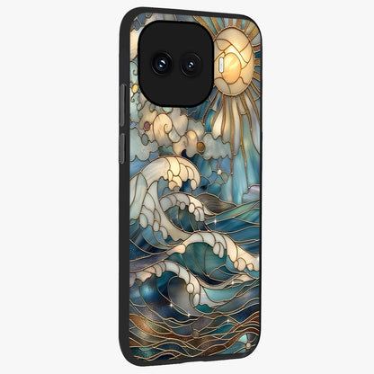 Oceanic Stained Printed Glass Case upright view showcasing decorative ocean pattern artwork with vibrant marine theme.
