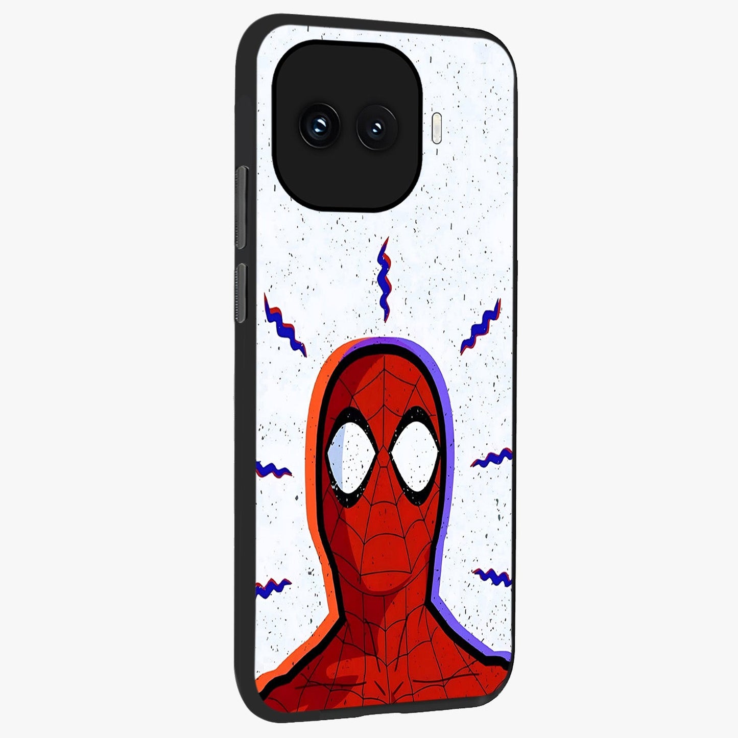 Omg Spiderman Glass Case upright view showcasing energetic superhero artwork with vibrant comic theme.