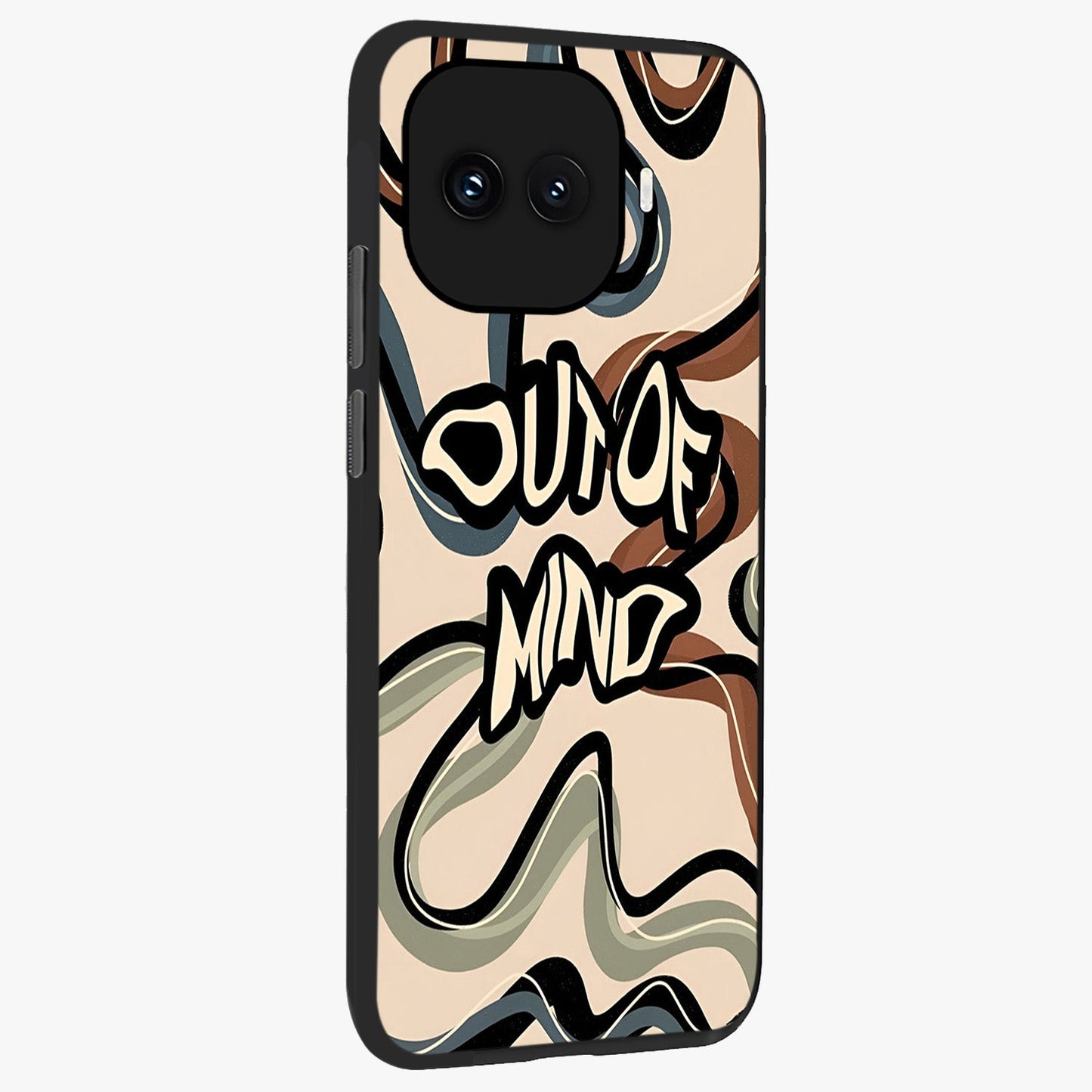 Out Of Mind Glass Case upright view showcasing striking typography artwork with edgy conceptual theme.