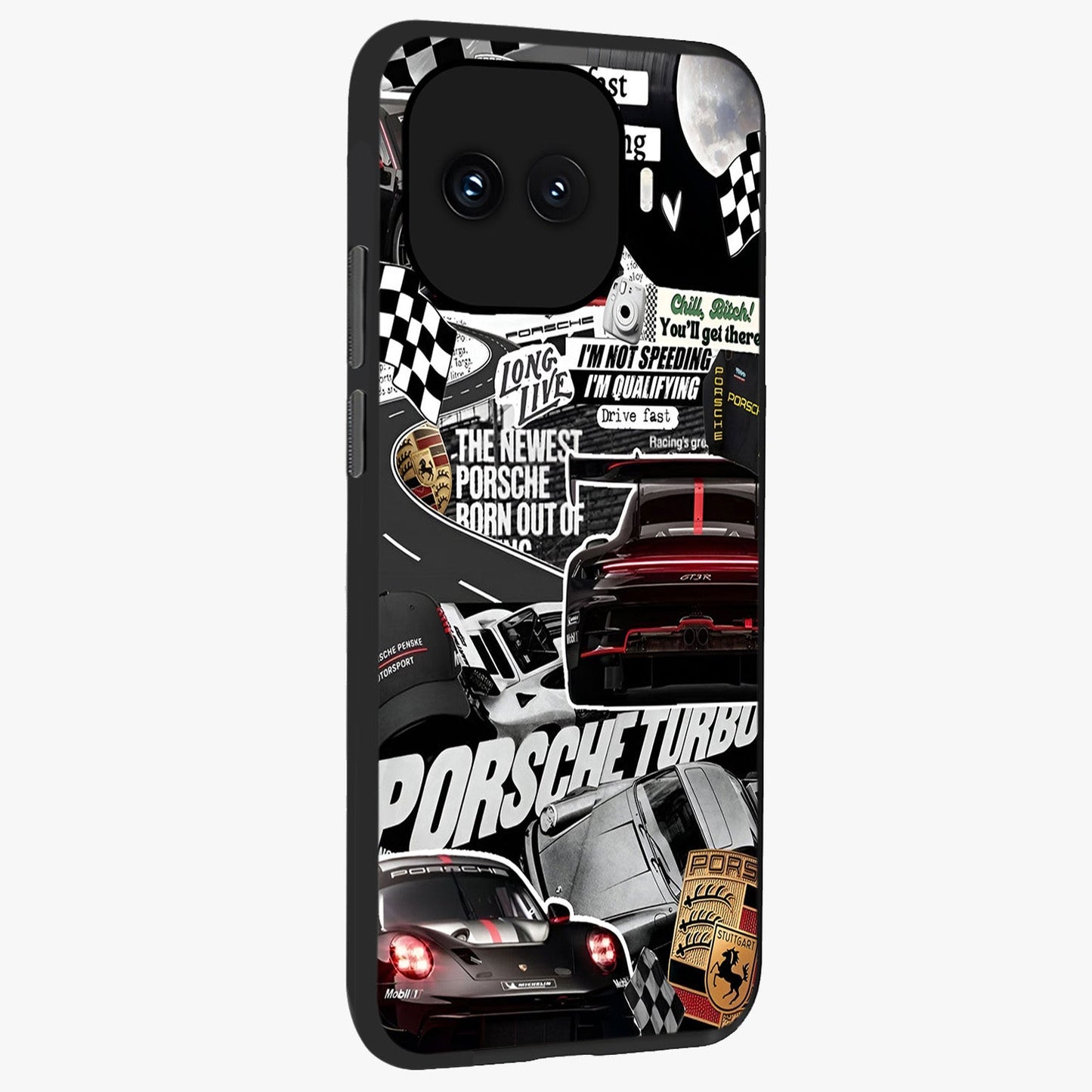 Porsche Racing Collage Glass Case upright view showcasing energetic car collage artwork with high speed racing theme.