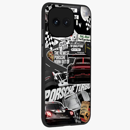 Porsche Racing Collage Glass Case upright view showcasing energetic car collage artwork with high speed racing theme.