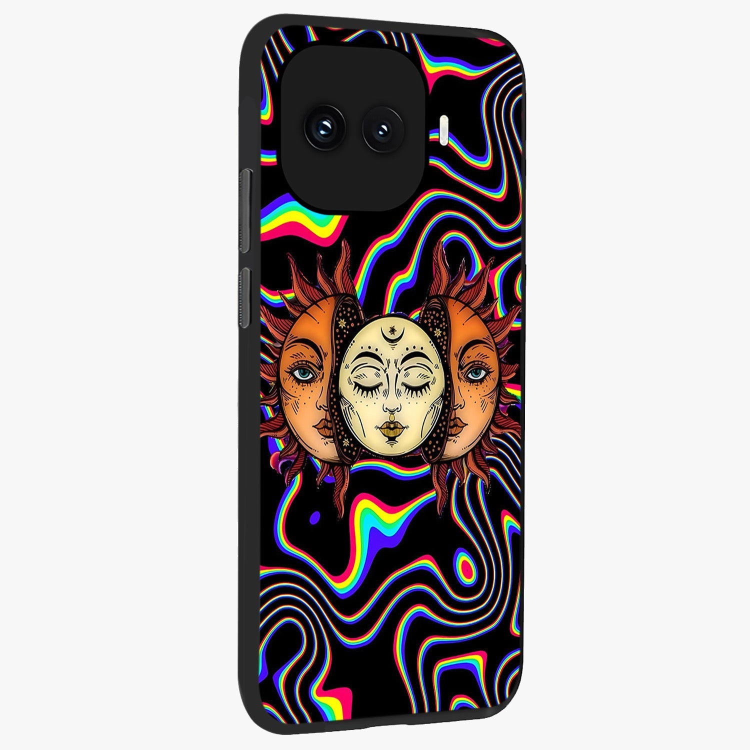 Psychedelic Sun Glass Case upright view showcasing trippy sun artwork with bold psychedelic theme.