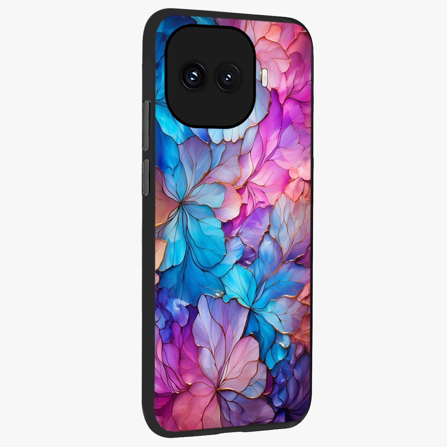Radiant Floral Whirl Glass Case upright view showcasing lively floral artwork with decorative swirl theme.