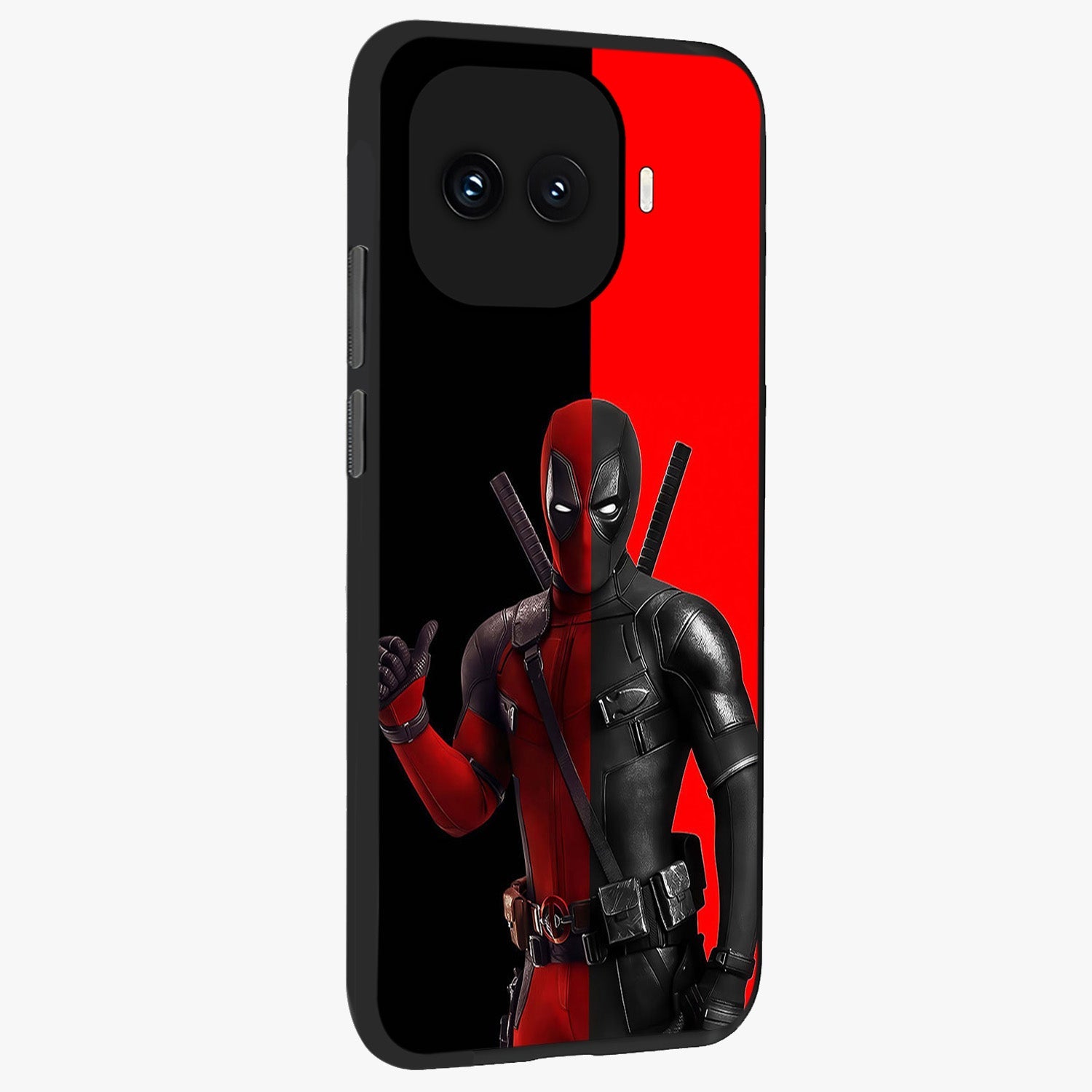 Red & Black Deadpool Theme Glass Case upright view showcasing energetic comic themed artwork with striking red and black design.