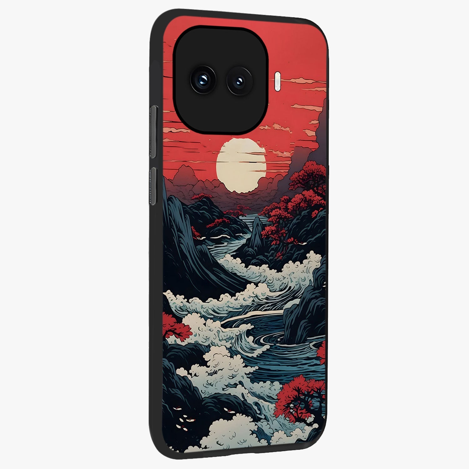 Red Sunset Scenery Glass Case upright view showcasing dramatic sunset scenery artwork with warm nature theme.