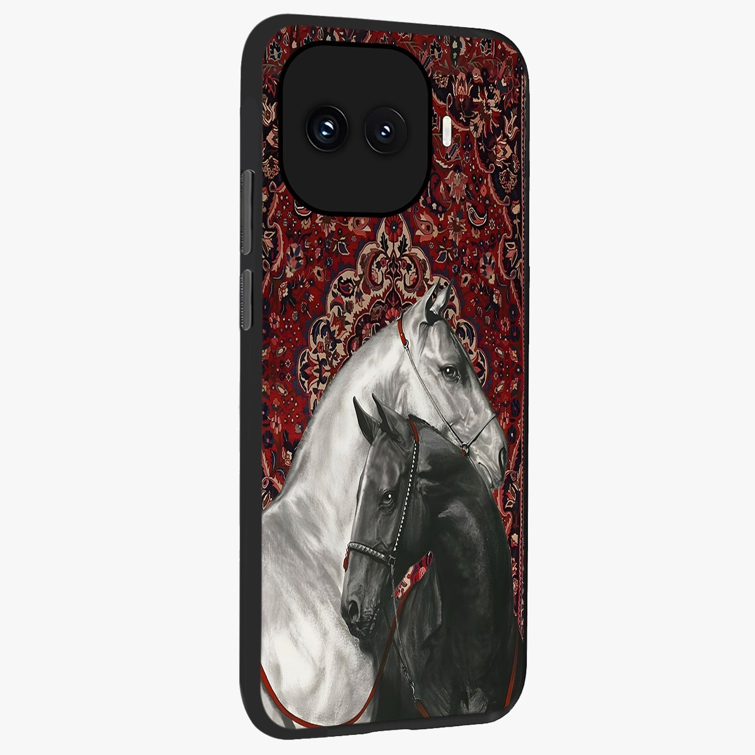Regal Stallion Tapestry Glass Case upright view showcasing powerful horse artwork with elegant tapestry theme.