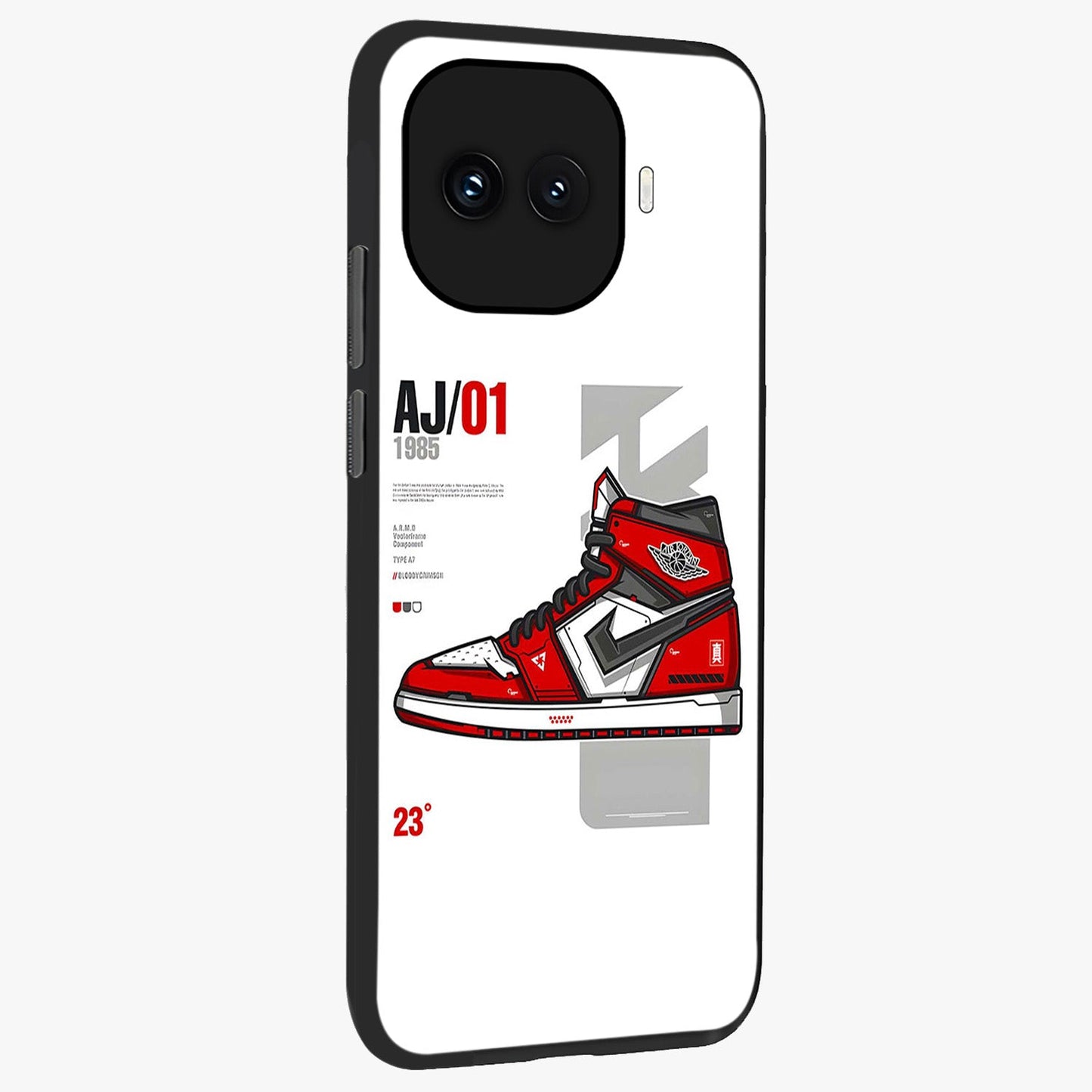 Retro Sneaker Blueprint Glass Case upright view showcasing stylish sneaker illustration with vintage streetwear theme.