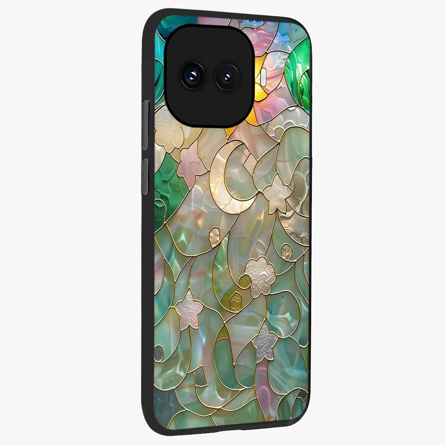 Stained Sunrise Glow Glass Case upright view showcasing colorful sunrise artwork with warm morning theme.