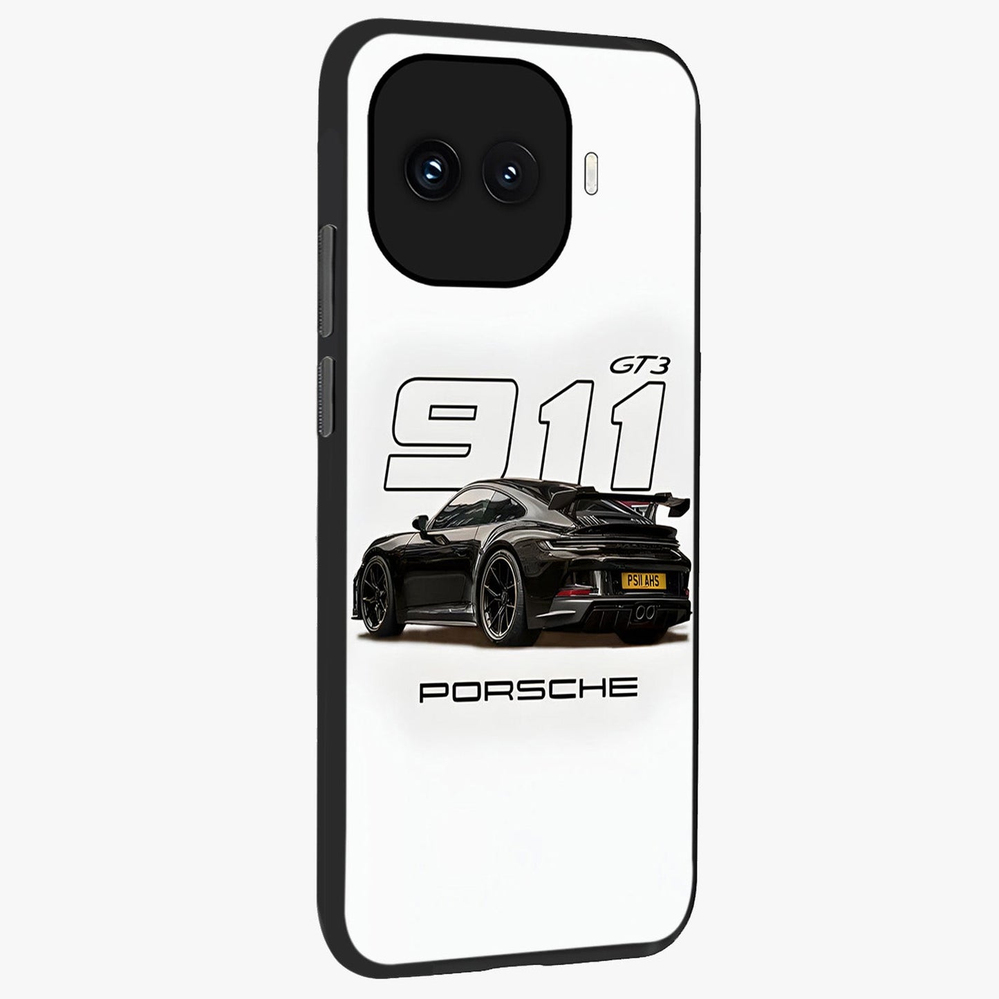 Turbo Legacy Icon Glass Case upright view showcasing bold racing inspired artwork with classic car theme.