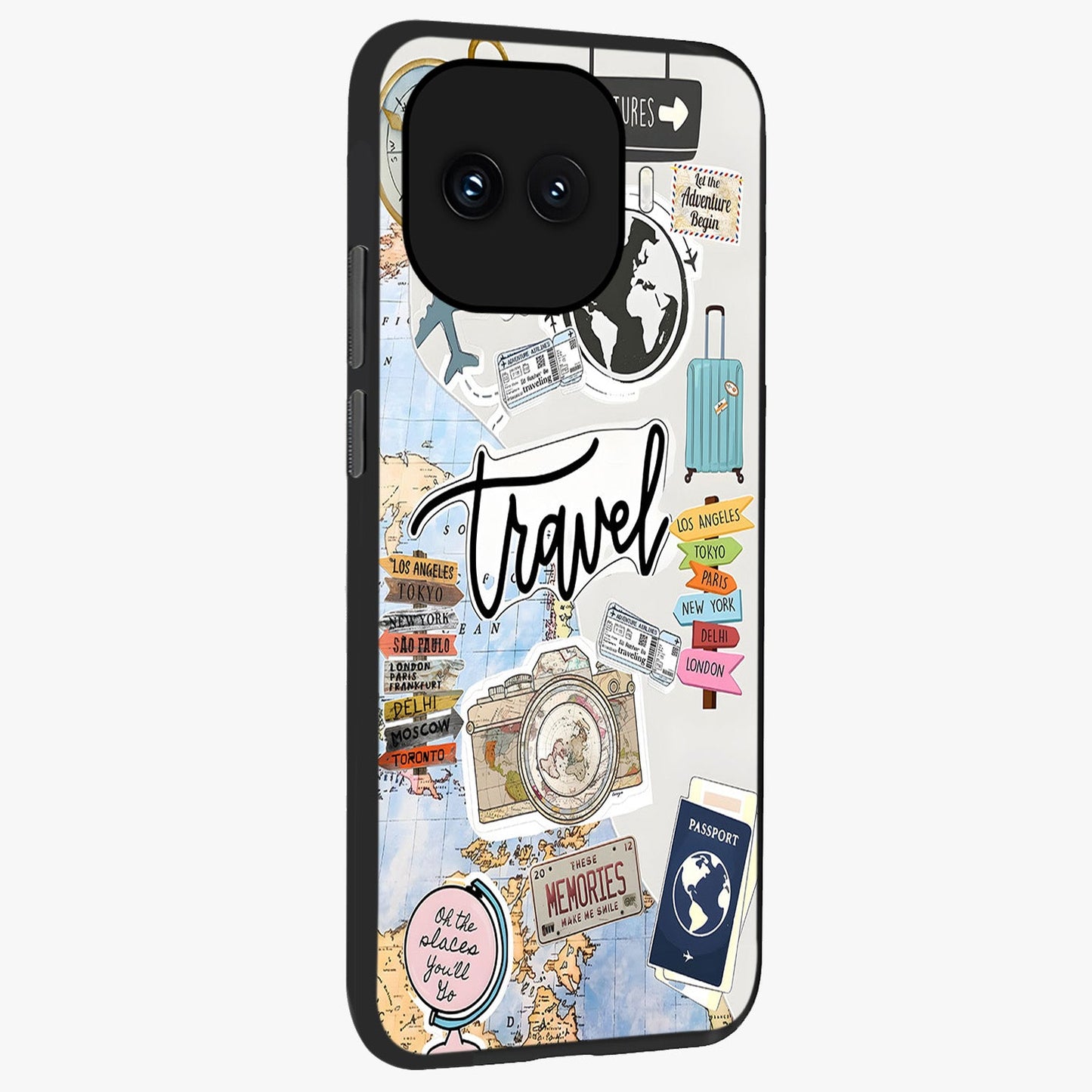 Wanderlust Journal Glass Case upright view showcasing wanderlust inspired artwork with creative exploration theme.