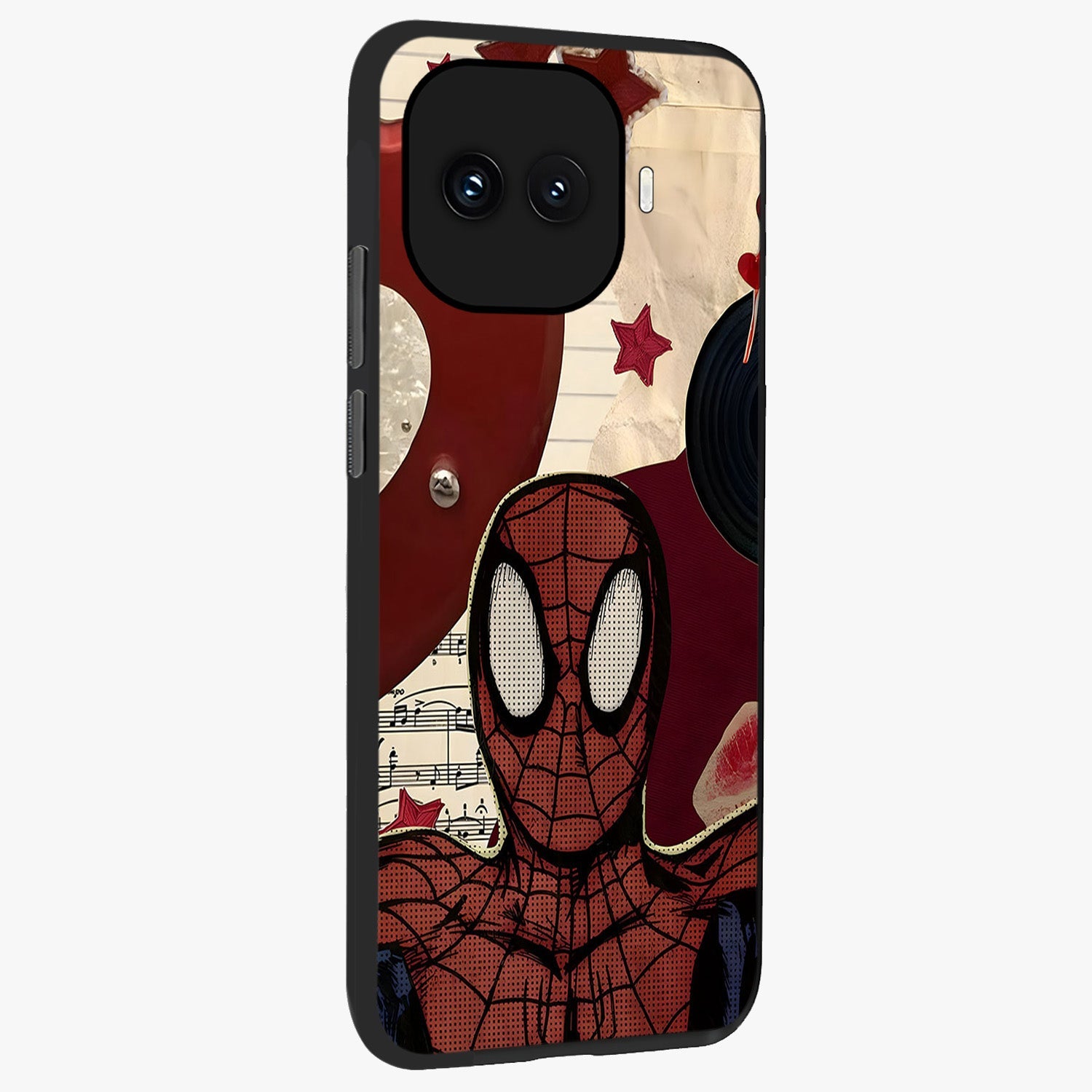 Web Warrior Vibes Glass Case upright view showcasing energetic superhero artwork with bold action theme.