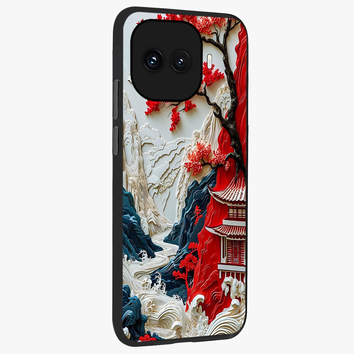 Whispers Of Sakura Waves Glass Case upright view showcasing delicate cherry blossom artwork with elegant nature theme.