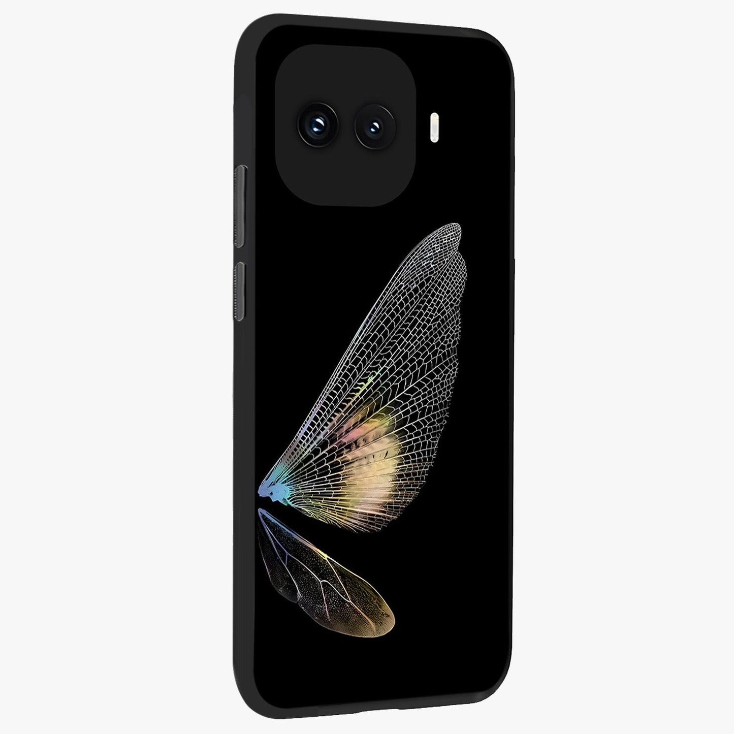 Whispers Of Wings Glass Case upright view showcasing elegant wing artwork with light airy theme.