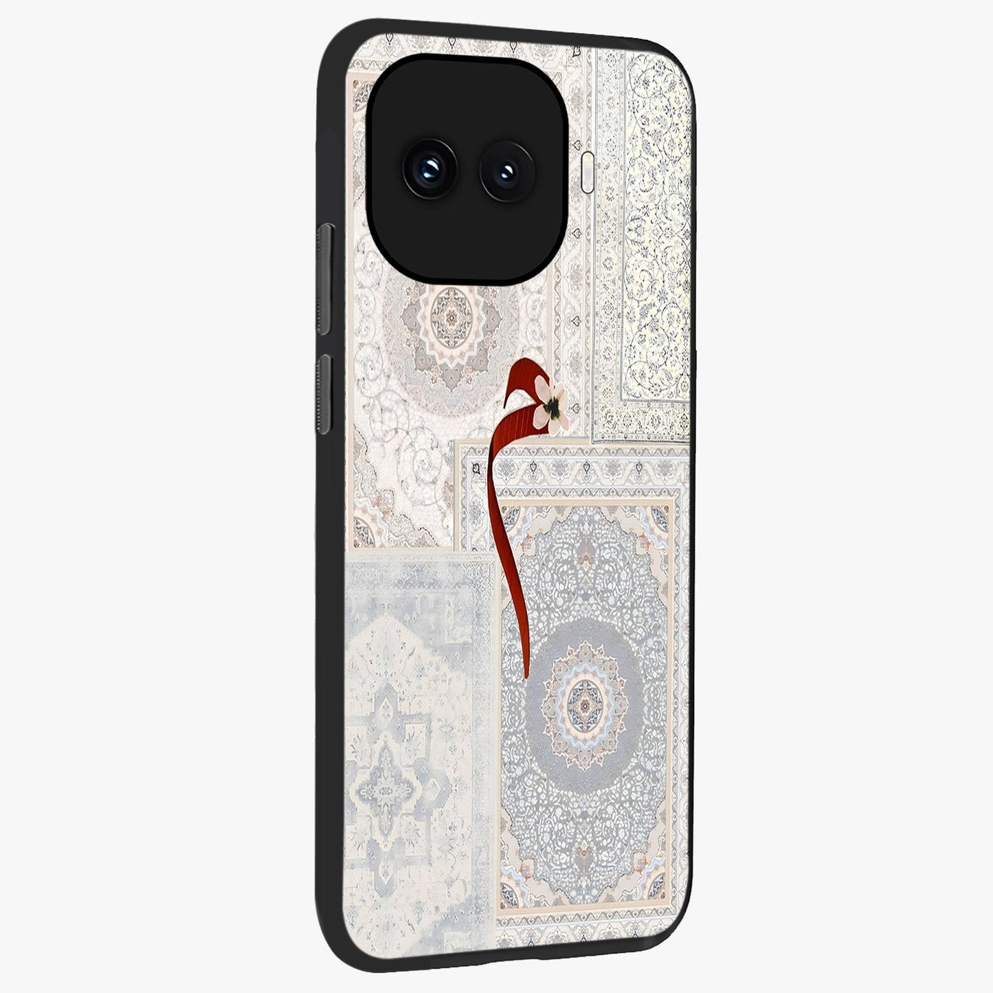 White Aesthetic Bow Glass Case upright view showcasing delicate ribbon bow artwork with cute minimalist theme.