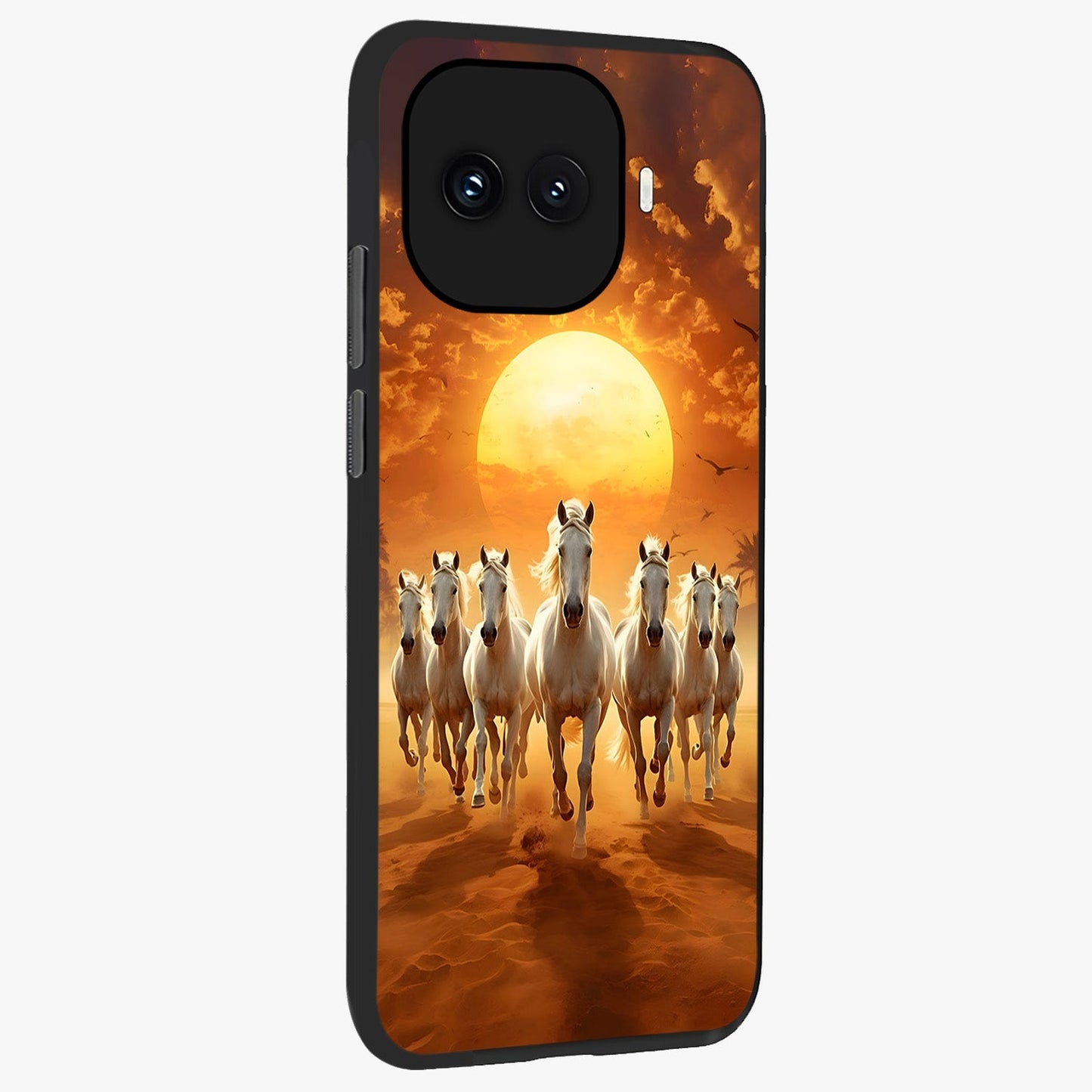 Wild Sunset Majesty Glass Case upright view showcasing dramatic sunset artwork with bold nature theme.