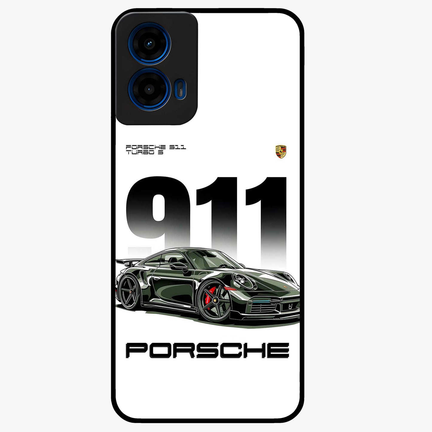 911 Turbo Dominance Glass Case showing clean flat back view with bold 911 sports car artwork and glossy glass finish.