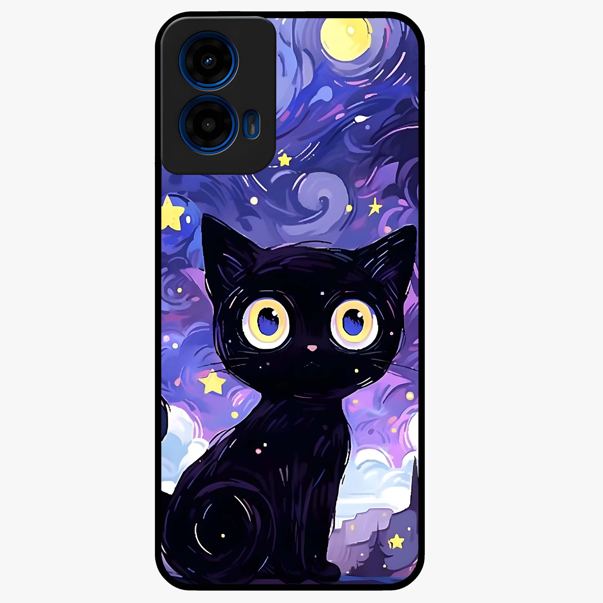 Abstract Cat Art Glass Case showing flat back view with artistic cat illustration and glossy glass finish.