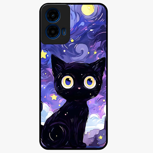 Abstract Cat Art Glass Case showing flat back view with artistic cat illustration and glossy glass finish.