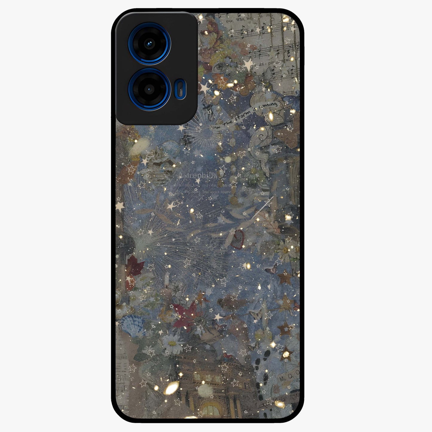 Aesthetic Astrolophia Glass Case showing flat back view with dreamy aesthetic design and glossy glass finish.