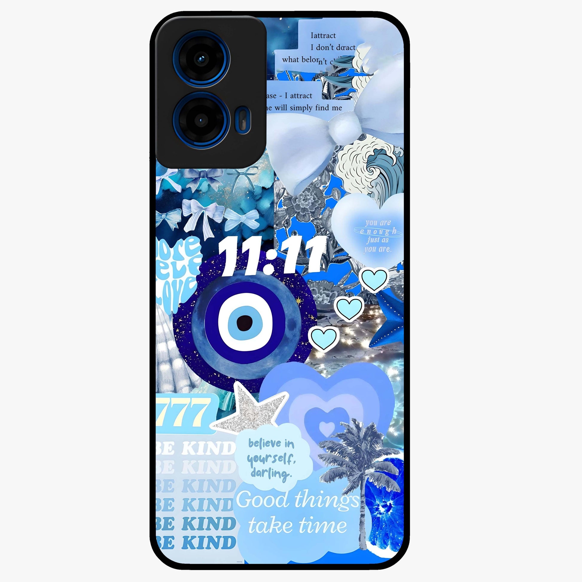 Aesthetic Be Kind Eye Glass Case showing flat back view with motivational eye artwork and glossy glass finish.