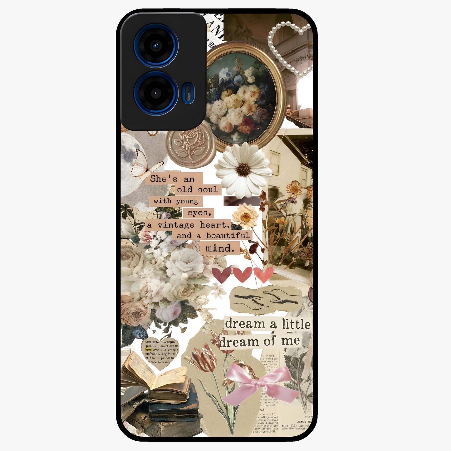 Aesthetic Brown Vintage Collage Glass Case showing flat back view with retro collage artwork and glossy glass finish.