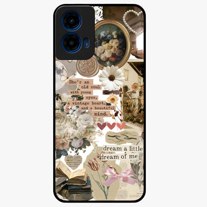 Aesthetic Brown Vintage Collage Glass Case showing flat back view with retro collage artwork and glossy glass finish.