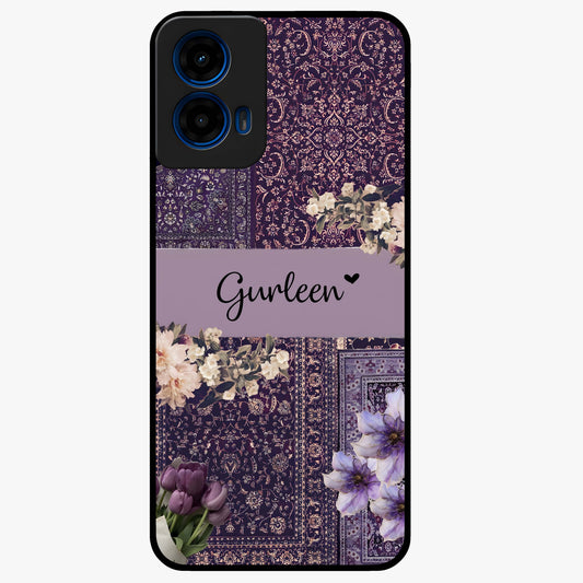Antique Floral Whisper Custom Name Glass Case showing flat back view with vintage floral artwork and personalized name design.