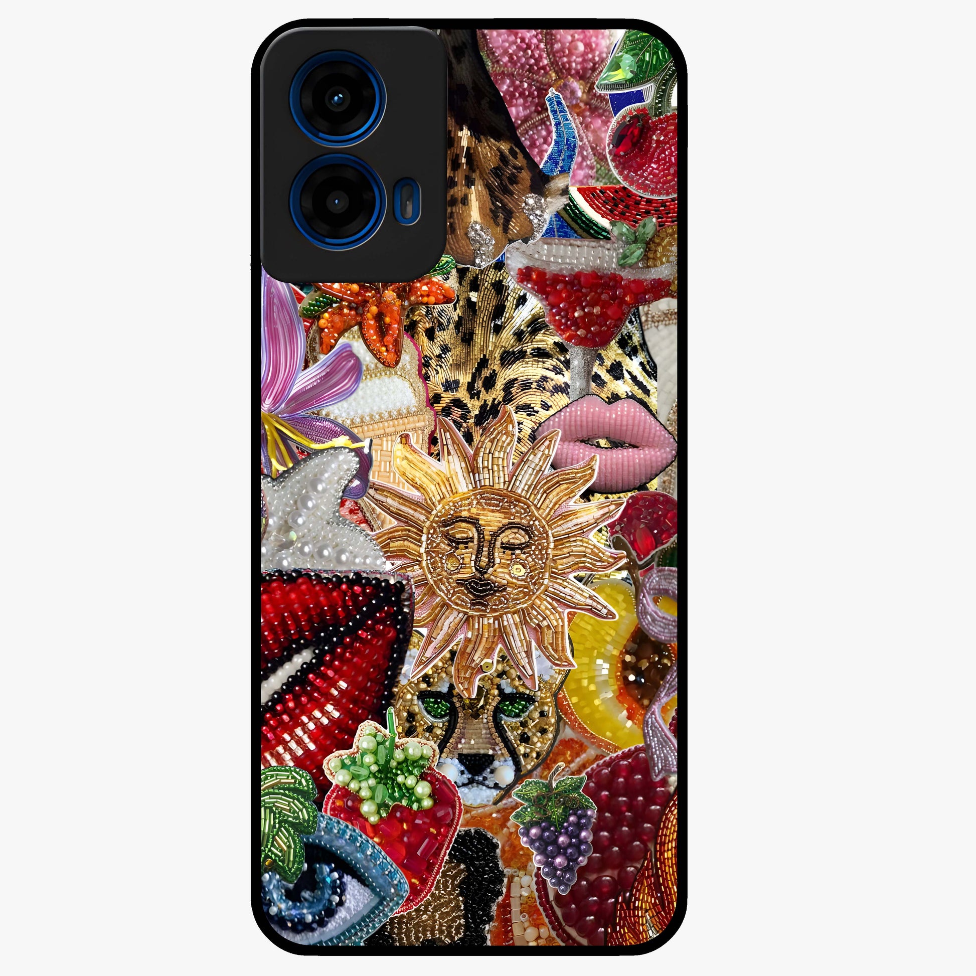 Beaded Fashion Jungle Glass Case showing flat back view with vibrant jungle inspired bead artwork and glossy glass finish.