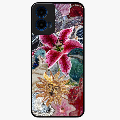 Beaded Garden Fantasy Glass Case showing flat back view with dreamy garden bead artwork and glossy glass finish.