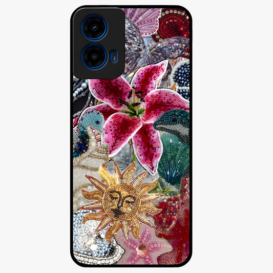 Beaded Garden Fantasy Glass Case showing flat back view with dreamy garden bead artwork and glossy glass finish.