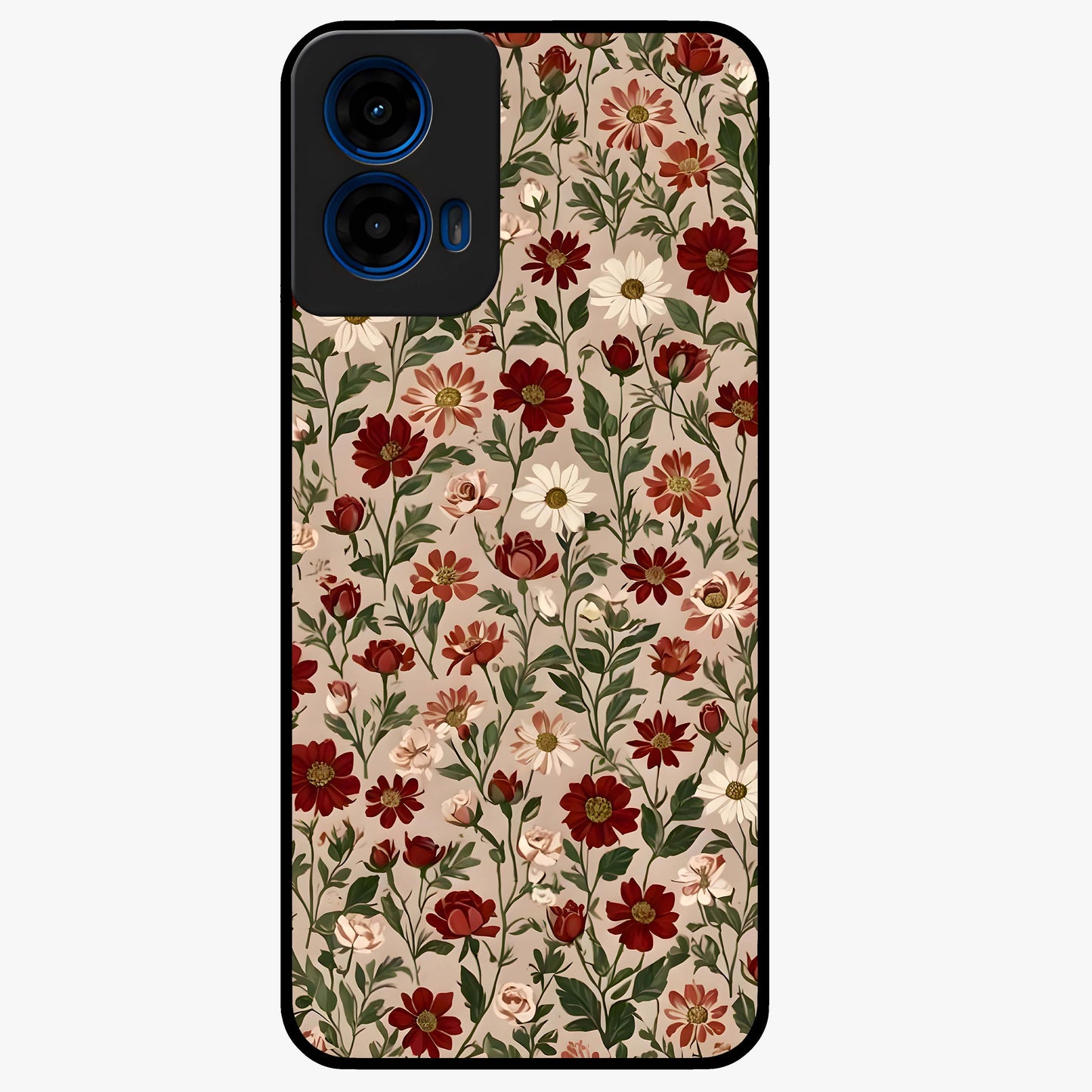 Biege Flower With Leaf Glass Case showing flat back view with soft beige floral artwork and glossy glass finish.