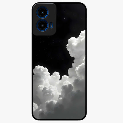 Black Background With White Cloud Glass Case showing flat back view with minimal cloud artwork on dark background and glossy glass finish.