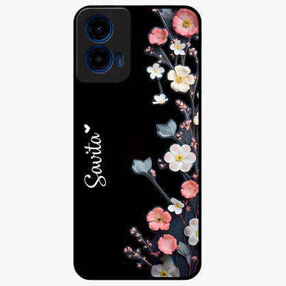 Black Elegance Floral Custom Name Glass Case showing flat back view with elegant floral artwork and personalized name design.